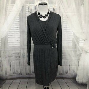 WHBM Womens Size 0 Gray Long Sleeve Stretch Wrap Dress Short V Neck Career